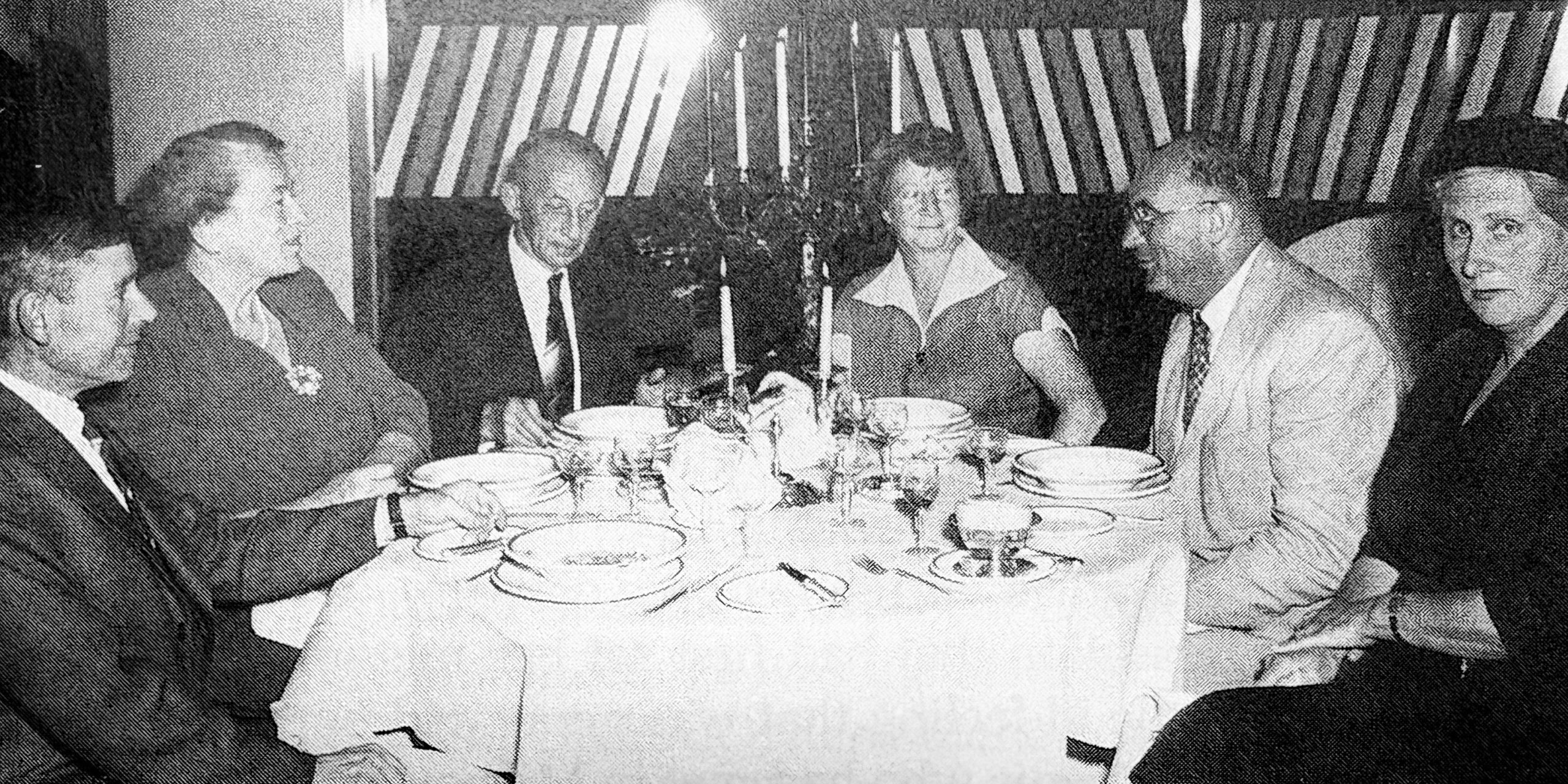 Dave Munrow, Dorothy Ainsworth. Fritz Duras, Ernst Jokl, and Barbara Dodds (left to right) at a dinner party hosted by Fritz Duras during the 1956 World Congress on Physical Education, Melbourne.